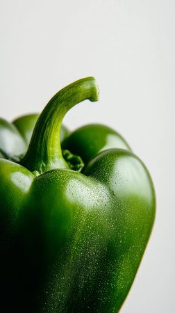 Close-up of a fresh green bell pepper with water droplets on white background. Healthy eating and fresh produce conceptの素材