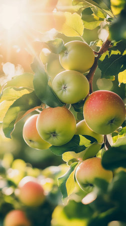 Fresh green apples hanging on tree branch with sunlight, orchard during harvest season. Natural agriculture and organic food conceptの素材