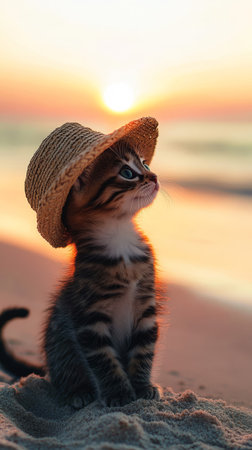 Kitten wearing straw hat on beach at sunset, serene scene. Relaxation and natures beauty conceptの素材