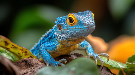 Blue and yellow lizard resting on a branchの素材