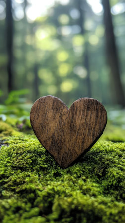Wooden heart on moss in a forest, natural serenity and love conceptの素材