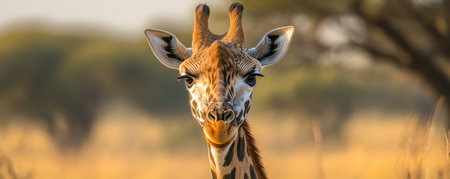 Giraffe standing in savanna during golden hour, wildlife photography conceptの素材