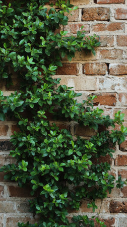 Green vine climbing brick wall, nature and urban conceptの素材
