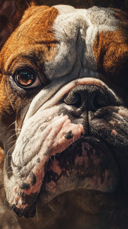 Close-up of a bulldog with expressive eyes, detailed fur texture. Portrait photography conceptの素材