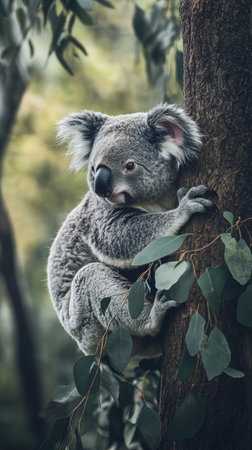 Koala climbing a eucalyptus tree in the forest, wildlife photography conceptの素材