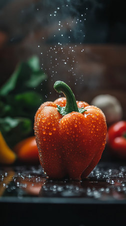 Fresh red bell pepper with water droplets in a dark kitchen setting, healthy cooking conceptの素材