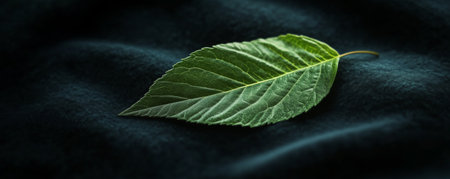 Green leaf on dark textured fabric, nature and tranquility conceptの素材