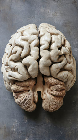 Close-up of a human brain model on textured background. Scientific study and education conceptの素材