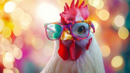 Rooster with colorful glasses and bokeh lightsの素材