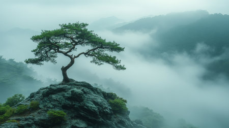 Solitary tree on misty mountain peak, serene landscape. Tranquility and nature conceptの素材