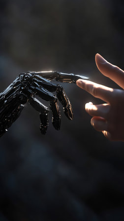 robot hand reaching towards human hand in dim light, connection conceptの素材