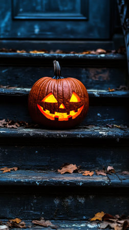 Jack-o-lantern on wooden steps surrounded by autumn leaves. Halloween decoration and autumn season conceptの素材