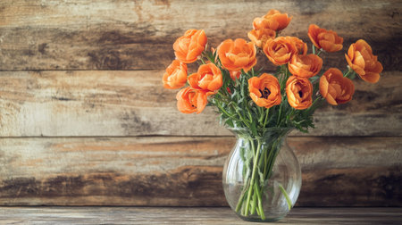 Orange flowers in a glass vase against a wooden background. Home decor and floral arrangement conceptの素材