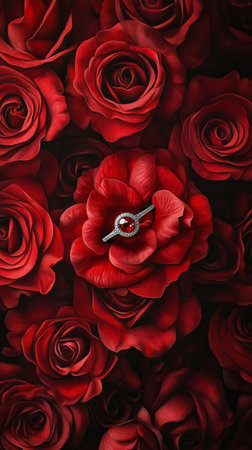 Red roses with diamond ring centerpiece, luxury romance conceptの素材