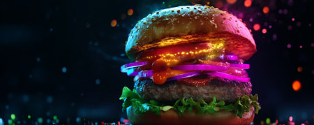 Gourmet burger with neon lights, vibrant colors. Futuristic food conceptの素材