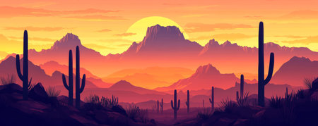 Desert landscape with silhouetted cacti at sunset, vibrant sky. Tranquil wilderness and nature conceptの素材
