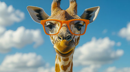 Giraffe with orange glasses against a blue skyの素材