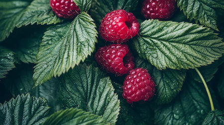 Fresh ripe raspberries with green leaves in garden, close-up view. Organic fruit and healthy eating conceptの素材