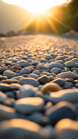 Pebble beach at sunset with warm sunlight, serene nature sceneの素材