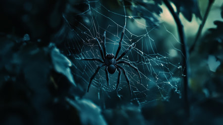 Spider on web in dark forest, nighttime ambiance. Nature and wildlife conceptの素材