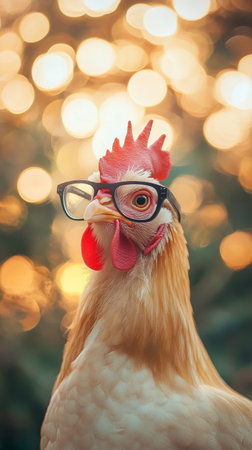 Chicken wearing glasses with bokeh lights, humorous conceptの素材