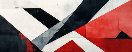 Abstract geometric mural with red, black, and white shapesの素材