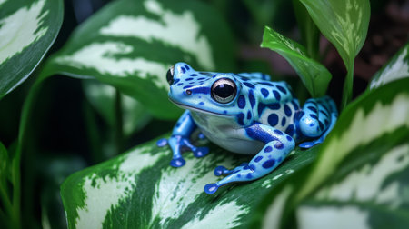 Blue dart frog on lush green foliage, vibrant wildlife close-up. Nature and biodiversity conceptの素材