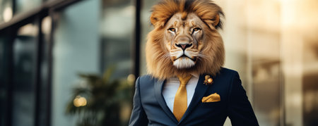 Lion in a business suit standing confidently outdoors, modern city backdrop. Surreal fashion and strength conceptの素材