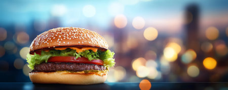 Gourmet cheeseburger with bokeh lights, vibrant colors. Gastronomy and culinary art conceptの素材