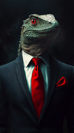 Lizard wearing a suit and red tie, surreal portrait. Anthropomorphic animal fashion conceptの素材