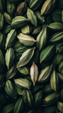 close-up of green cardamom pods, aromatic spicesの素材