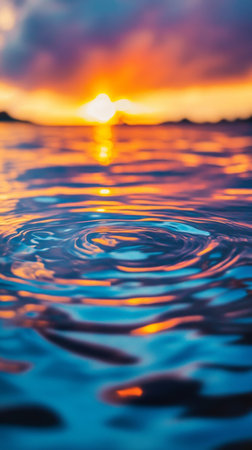 Sunset reflections on rippling water surface at twilight, serene nature conceptの素材