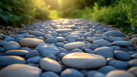 Pebble stone path illuminated by sunlight at duskの素材