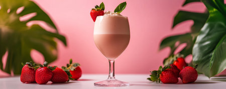Strawberry smoothie with mint garnish on pink background, tropical refreshment conceptの素材