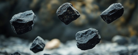 Floating black stones with blurred background, nature and tranquility conceptの素材