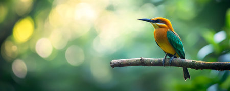 Colorful bee-eater bird perched on a branch, lush green background. Wildlife and nature photography conceptの素材