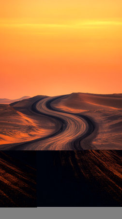 Serpentine desert road at sunset, endless journey conceptの素材