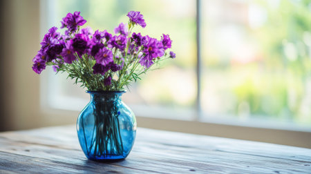 Purple flowers in a blue vase on a wooden table, bright and serene atmosphere. Floral arrangement and home decor conceptの素材