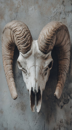 Ram skull with large curved horns on textured wallの素材