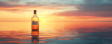 Message in a bottle floating on a calm ocean during sunset reflection. Serenity and hope conceptの素材
