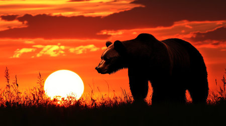 Silhouette of bear against sunset sky in wilderness, dramatic wildlife photographyの素材