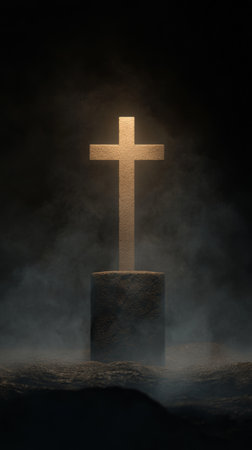 Illuminated stone cross in misty darkness, spiritual and serene conceptの素材