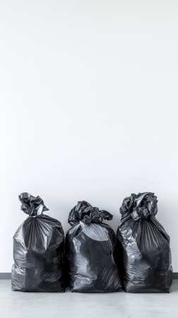 Three black garbage bags against white wall, minimal conceptの素材