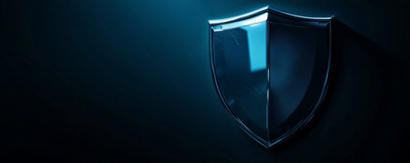 Metallic shield on a dark background, security and protection conceptの素材