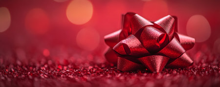 Red ribbon bow on sparkling surface, festive holiday conceptの素材