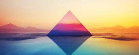 a surreal pyramid floating on a tranquil sea at sunset, vibrant colors. abstract art and tranquility conceptの素材