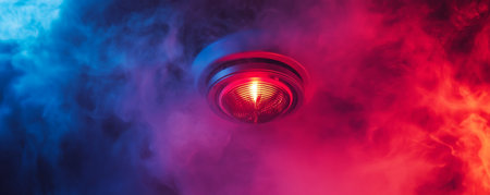 Smoke detector with red alarm light and atmospheric smoke, safety conceptの素材