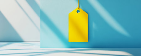 Yellow tag on blue background with shadows, minimalistic art conceptの素材