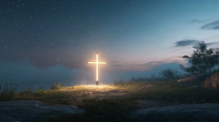 Illuminated cross at dusk in a serene landscapeの素材