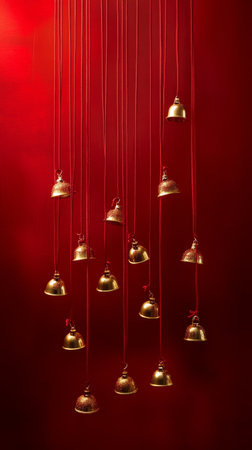 Golden bells hanging on red strings against a vivid red background, festive decoration conceptの素材